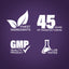 Infographic showing finest ingredients, 45 years of manufacturing, GMP quality product, and lab tested assurance.