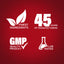 Infographic showing finest ingredients, 45 years of manufacturing, GMP quality, and lab-tested product.