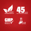 Infographic highlighting finest ingredients, 45 years of manufacturing, GMP quality, and lab-tested assurance.