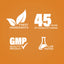 Infographic highlighting finest ingredients, 45 years of manufacturing, GMP quality product, and lab tested assurance.