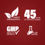 Infographic showing FINEST INGREDIENTS, 45 YEARS OF MANUFACTURING, GMP QUALITY PRODUCT, LAB TESTED.