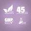 Infographic illustrating finest ingredients, 45 years of manufacturing, GMP quality, and lab-tested product assurance.